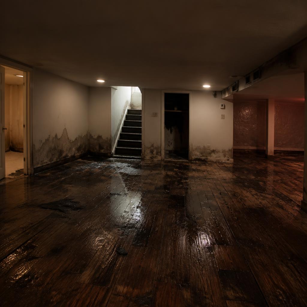 Water-damaged basement before restoration